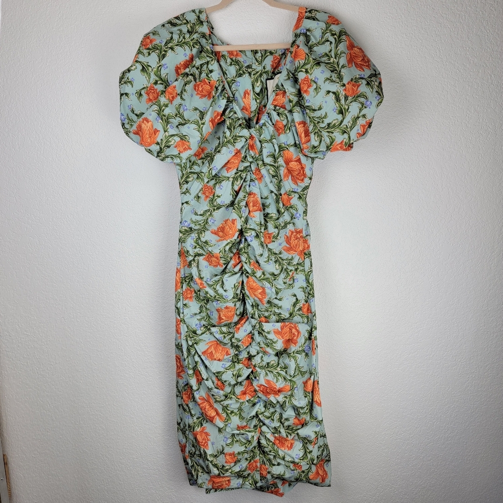 NWT Agua by Agua Bendita Camelia Peonia Atardecer Ruched Midi Dress Large - Picture 4 of 14